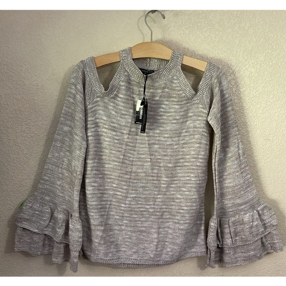 Express Womens Cold Shoulder Ruffle Bell‎ Sleeve Space Dye Knit Sweater Grey M